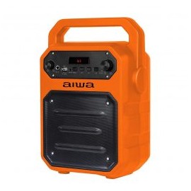 BOCINA AIWA BLUETOOTH CON MICROFONO ALAMBRICO, CABLE DE CARGA USB, CABLE AUXILIAR, NARANJA CON NEGRO.